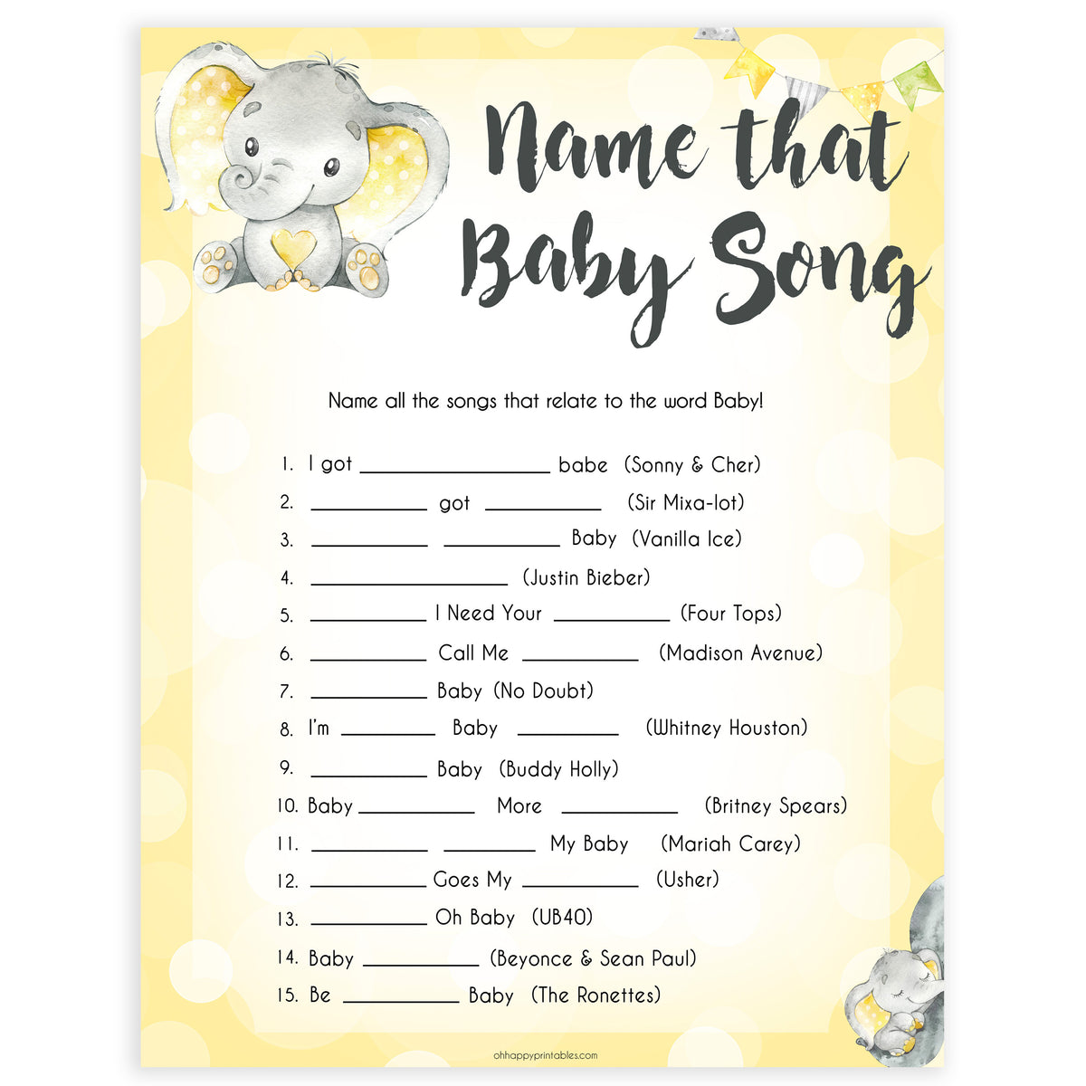 yellow elephant baby games, name that baby song baby games, yellow baby games, elephant baby shower, fun baby games, top 10 baby games, popular baby games, printable baby games