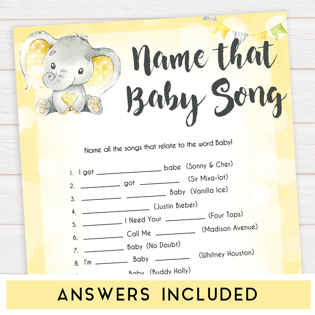 yellow elephant baby games, name that baby song baby games, yellow baby games, elephant baby shower, fun baby games, top 10 baby games, popular baby games, printable baby games