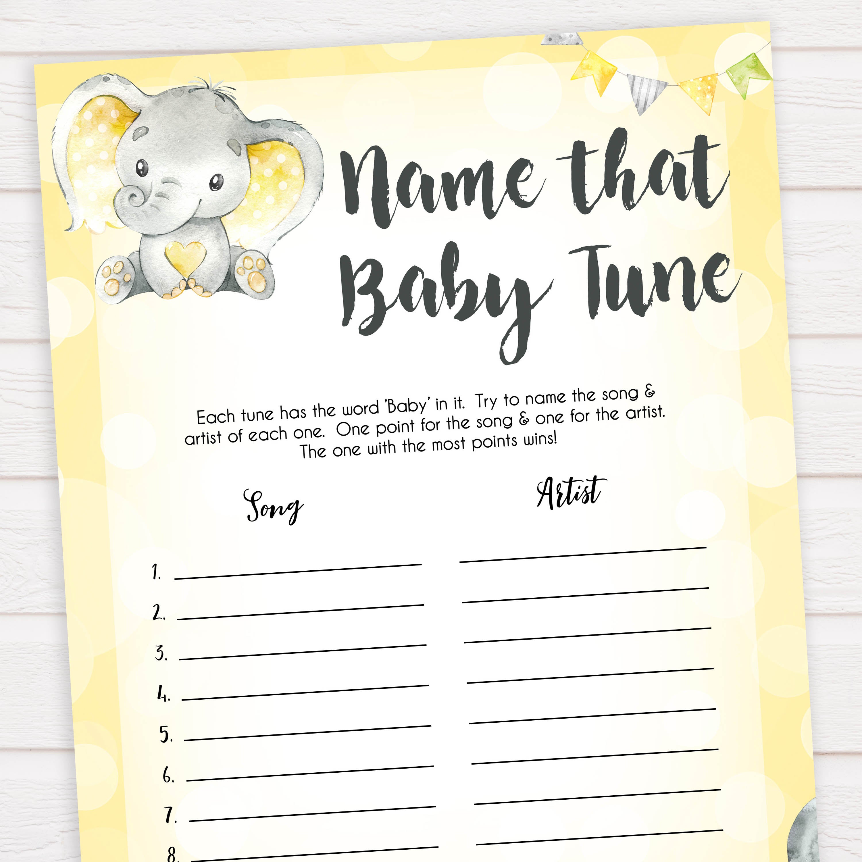 yellow elephant baby games, name that baby tune baby games, yellow baby games, elephant baby shower, fun baby games, top 10 baby games, popular baby games, printable baby games
