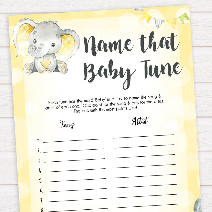 yellow elephant baby games, name that baby tune baby games, yellow baby games, elephant baby shower, fun baby games, top 10 baby games, popular baby games, printable baby games