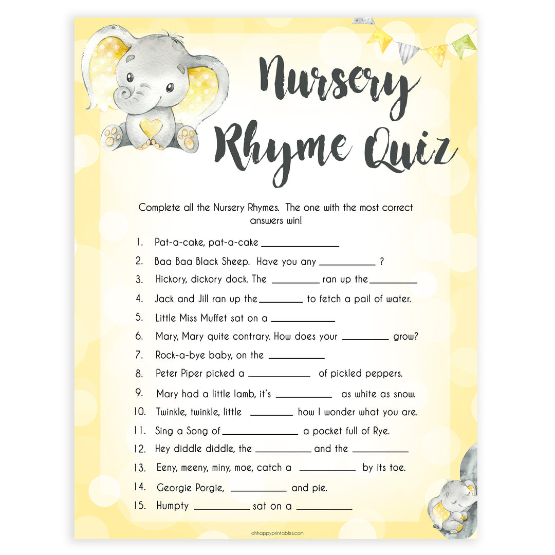 yellow elephant baby games, nursery rhyme quiz baby games, yellow baby games, elephant baby shower, fun baby games, top 10 baby games, popular baby games, printable baby games