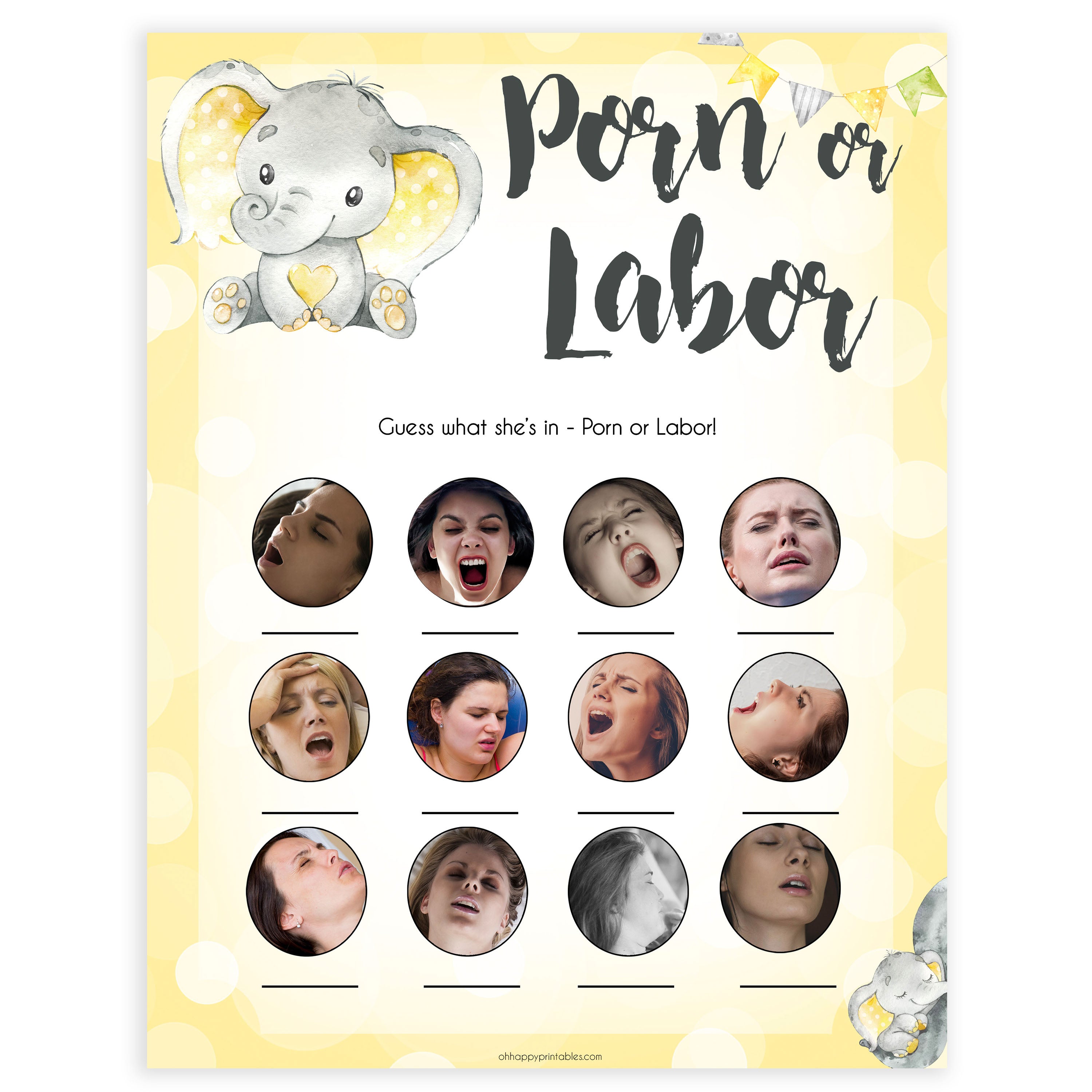 yellow elephant baby games, labor or porn, porn or labour baby games, yellow baby games, elephant baby shower, fun baby games, top 10 baby games, popular baby games, printable baby games