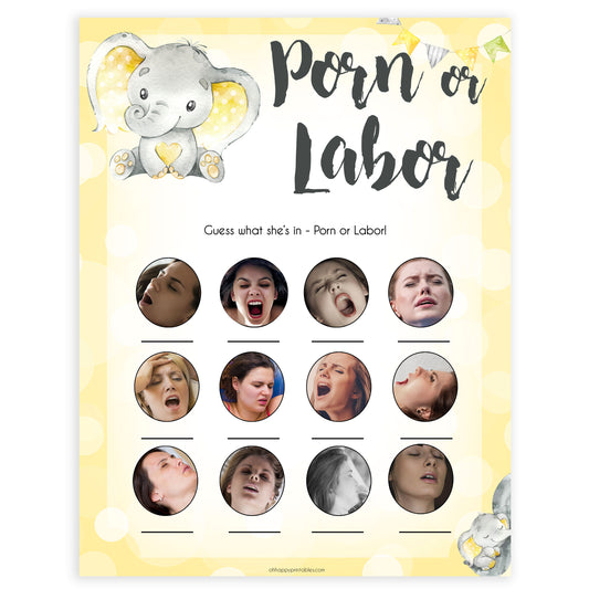 yellow elephant baby games, labor or porn, porn or labour baby games, yellow baby games, elephant baby shower, fun baby games, top 10 baby games, popular baby games, printable baby games