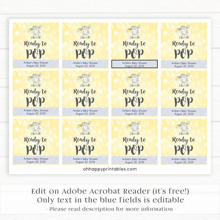 ready to pop tags, pop tags, Printable baby shower games, fun baby games, baby shower games, fun baby shower ideas, top baby shower ideas, yellow elephant baby shower, blue baby shower ideas