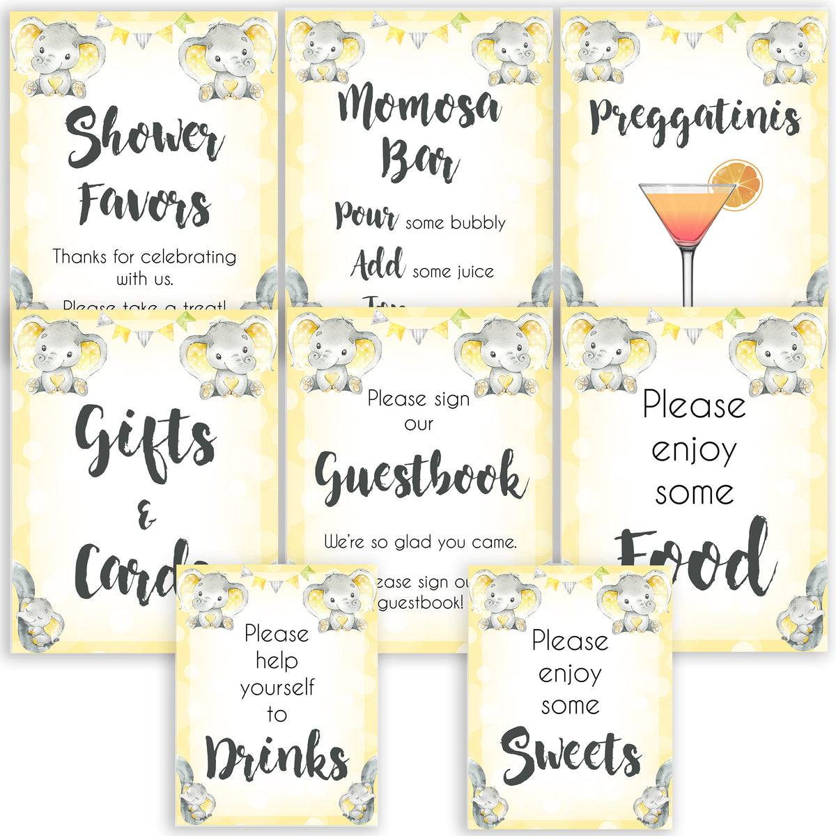 8 Baby Shower Table Signs - Yellow Elephants Printable Baby Shower Signs –  OhHappyPrintables