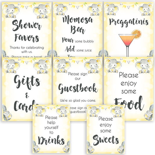 Yellow elephants, neutral baby shower signs, 8 baby signs, baby shower signs, baby shower decor, gender reveal ideas, top baby shower ideas, printable baby signs