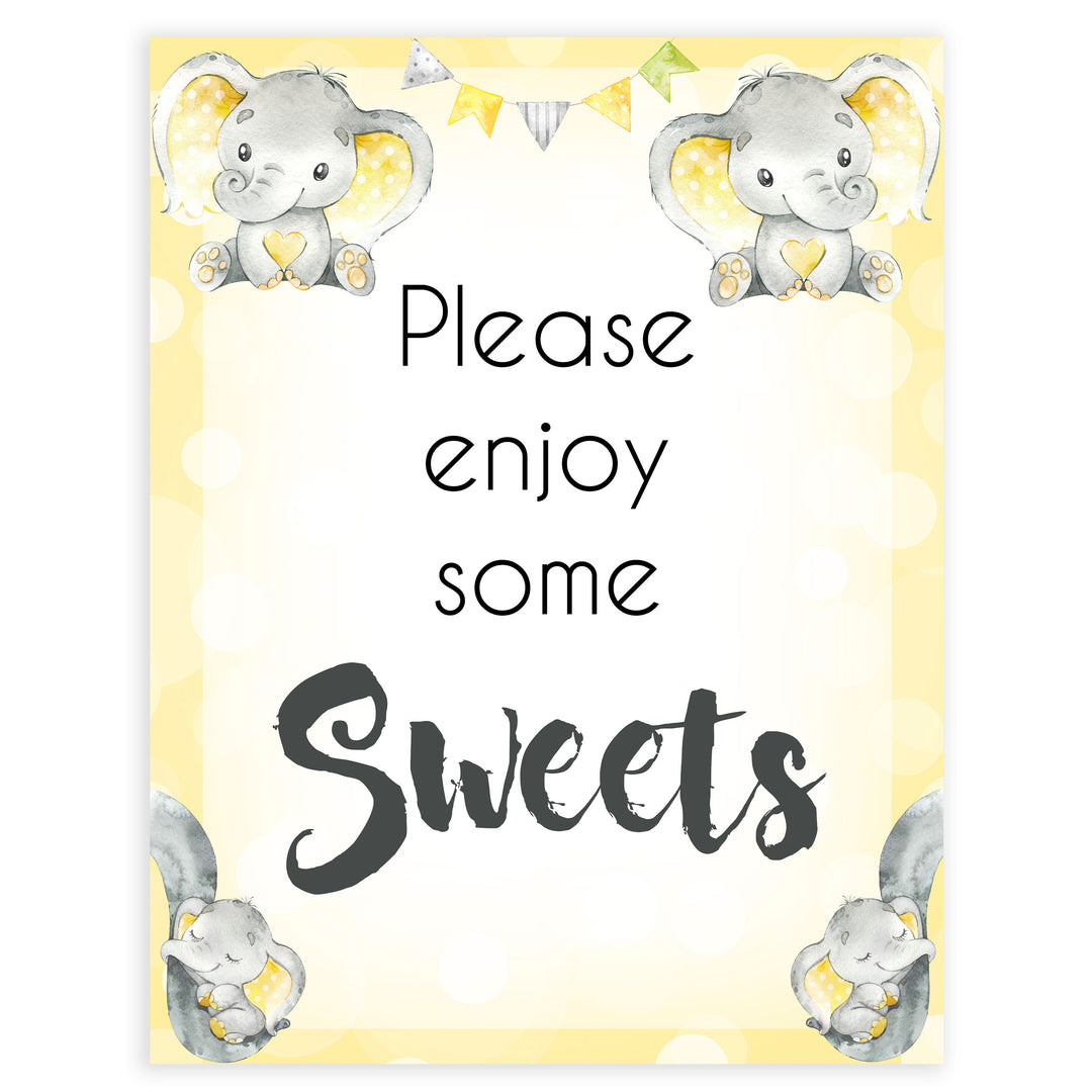 Yellow elephants, neutral baby shower signs, sweets baby signs, baby shower signs, baby shower decor, gender reveal ideas, top baby shower ideas, printable baby signs