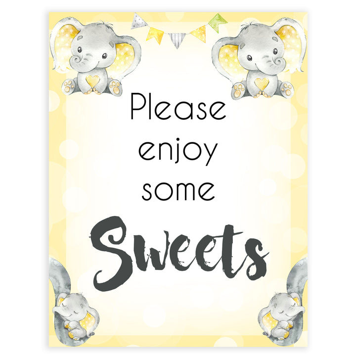 Yellow elephants, neutral baby shower signs, sweets baby signs, baby shower signs, baby shower decor, gender reveal ideas, top baby shower ideas, printable baby signs
