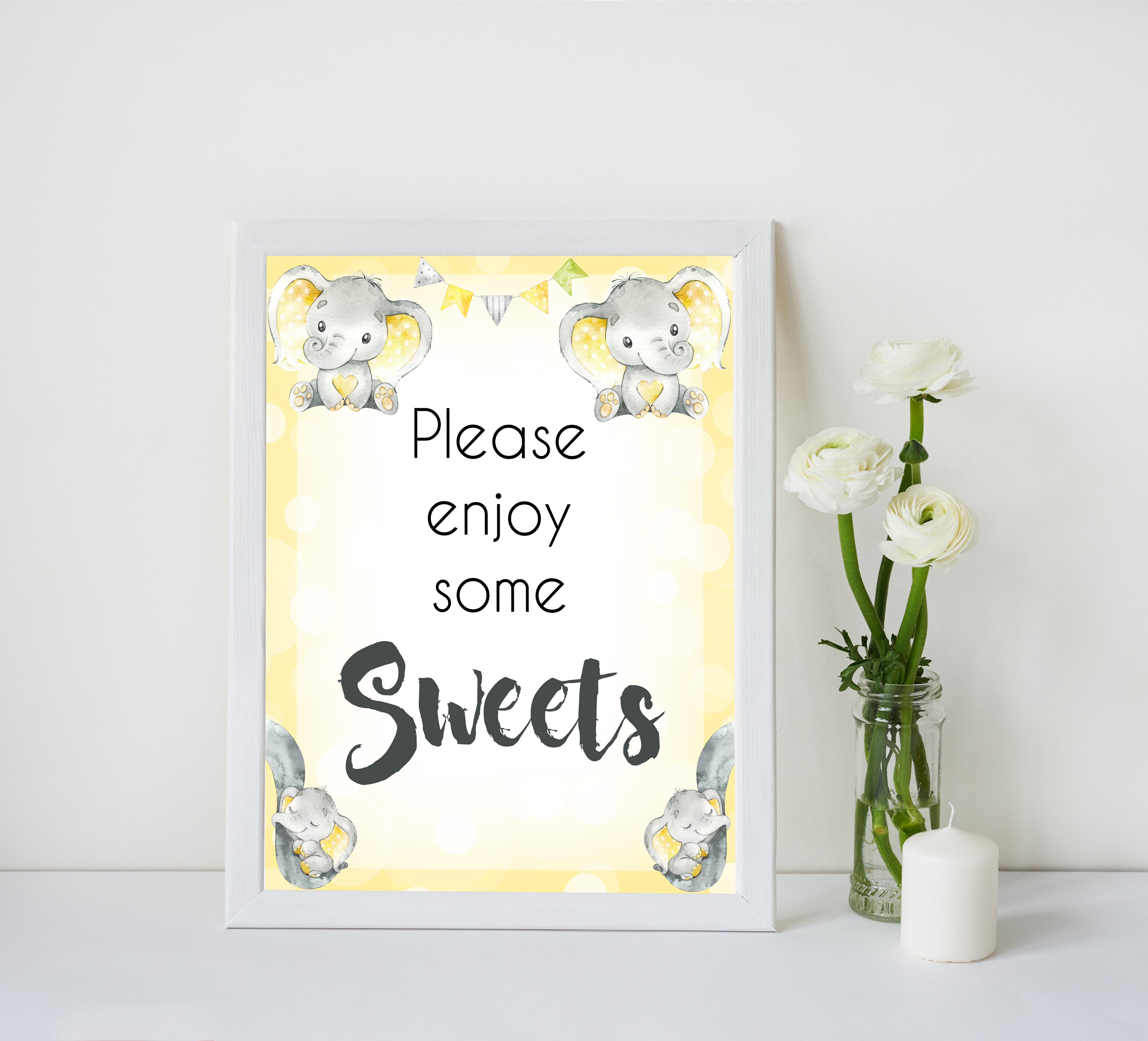 Yellow elephants, neutral baby shower signs, sweets baby signs, baby shower signs, baby shower decor, gender reveal ideas, top baby shower ideas, printable baby signs