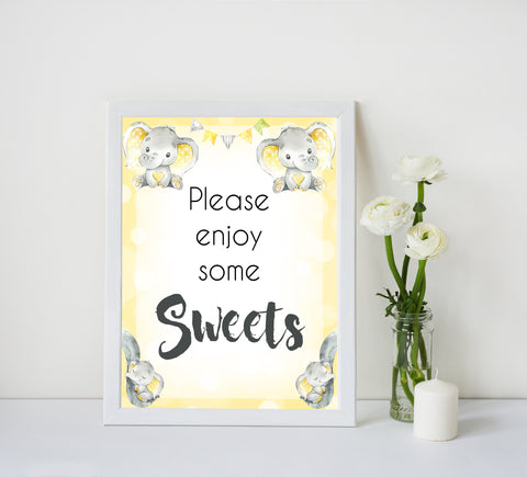 Yellow elephants, neutral baby shower signs, sweets baby signs, baby shower signs, baby shower decor, gender reveal ideas, top baby shower ideas, printable baby signs