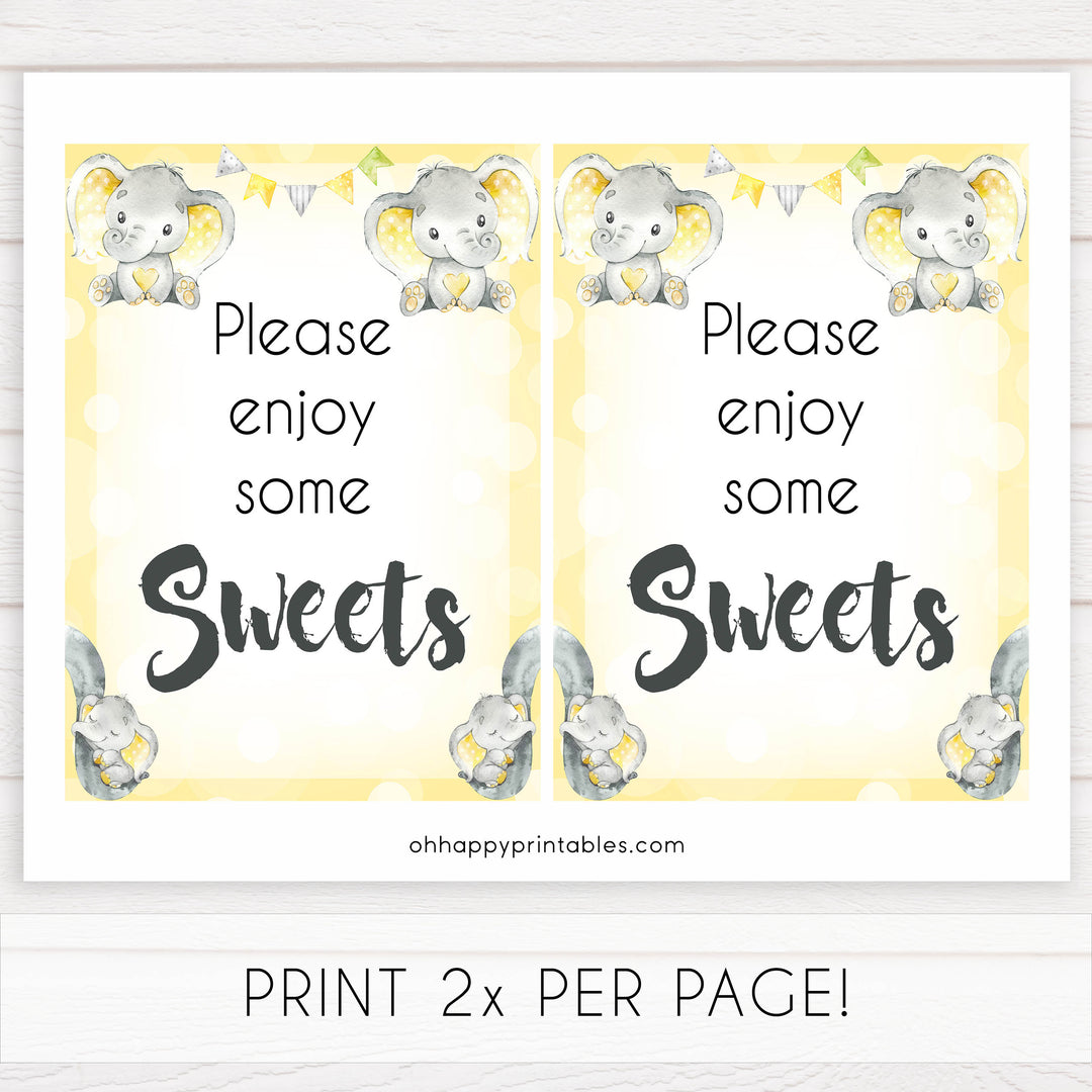 Yellow elephants, neutral baby shower signs, sweets baby signs, baby shower signs, baby shower decor, gender reveal ideas, top baby shower ideas, printable baby signs