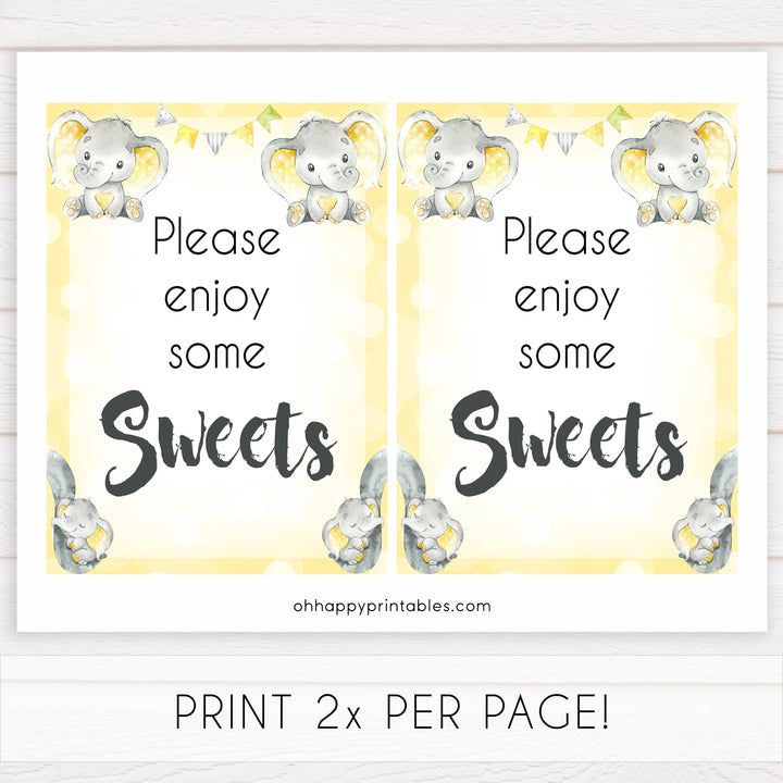 Yellow elephants, neutral baby shower signs, sweets baby signs, baby shower signs, baby shower decor, gender reveal ideas, top baby shower ideas, printable baby signs
