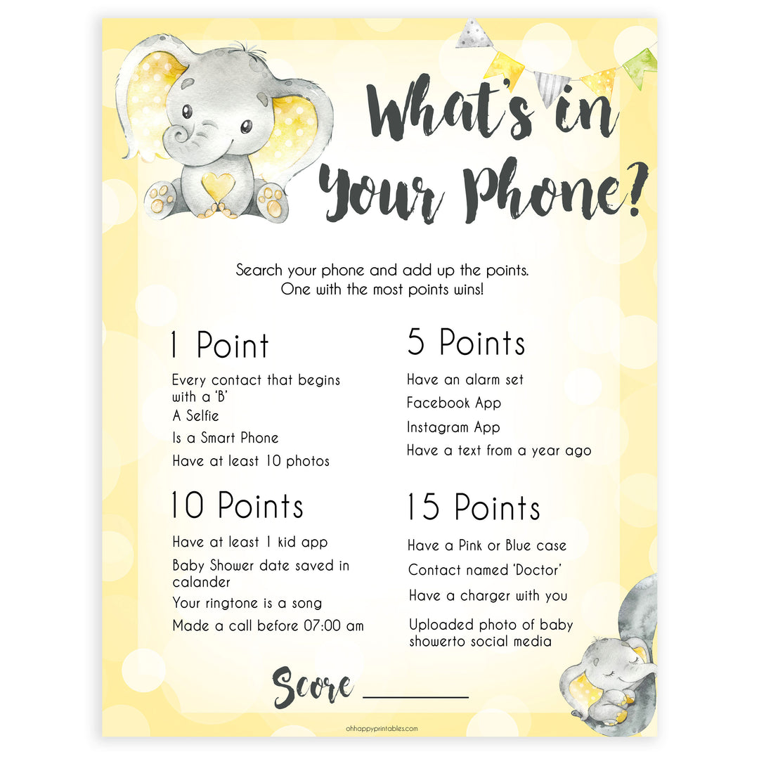 yellow elephant baby games, whats in your phone baby games, yellow baby games, elephant baby shower, fun baby games, top 10 baby games, popular baby games, printable baby games
