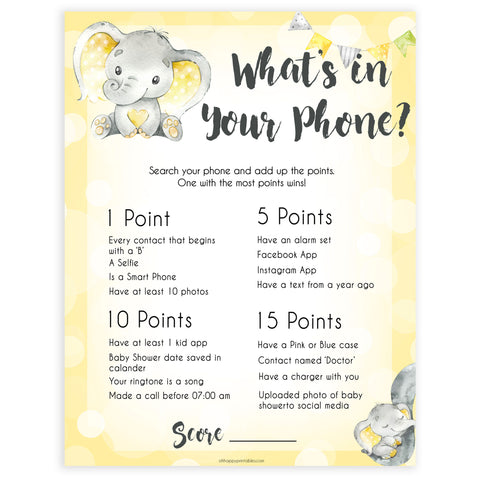 yellow elephant baby games, whats in your phone baby games, yellow baby games, elephant baby shower, fun baby games, top 10 baby games, popular baby games, printable baby games