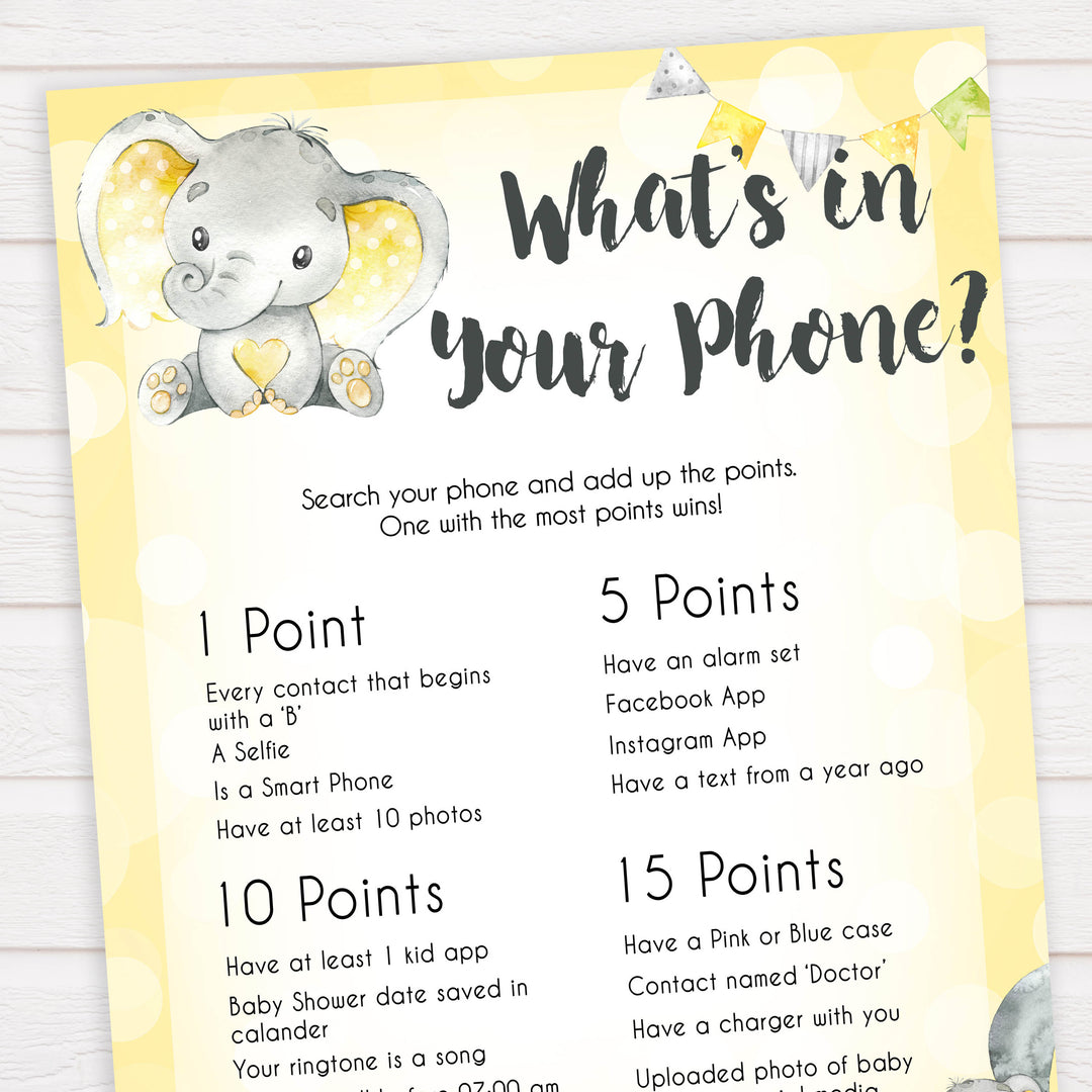 yellow elephant baby games, whats in your phone baby games, yellow baby games, elephant baby shower, fun baby games, top 10 baby games, popular baby games, printable baby games