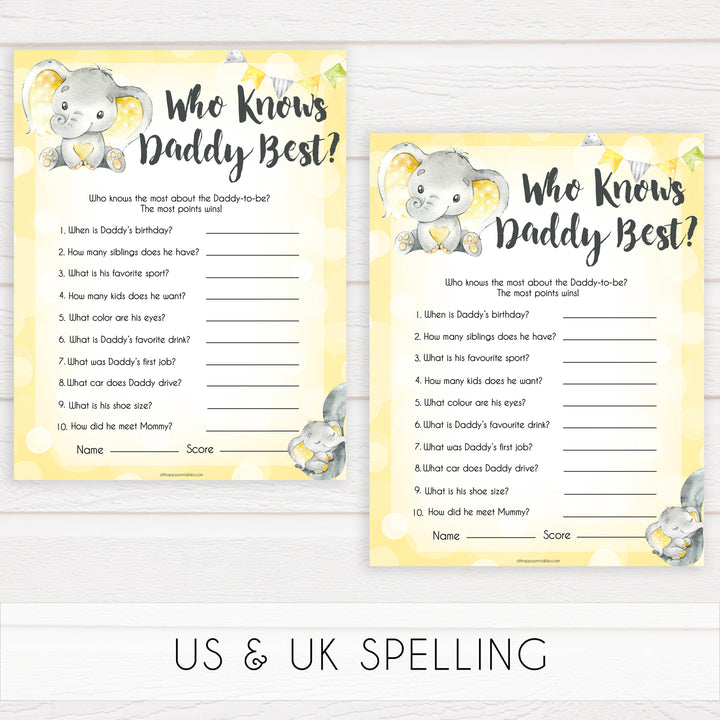 yellow elephant baby games, who knows daddy best baby games, yellow baby games, elephant baby shower, fun baby games, top 10 baby games, popular baby games, printable baby games