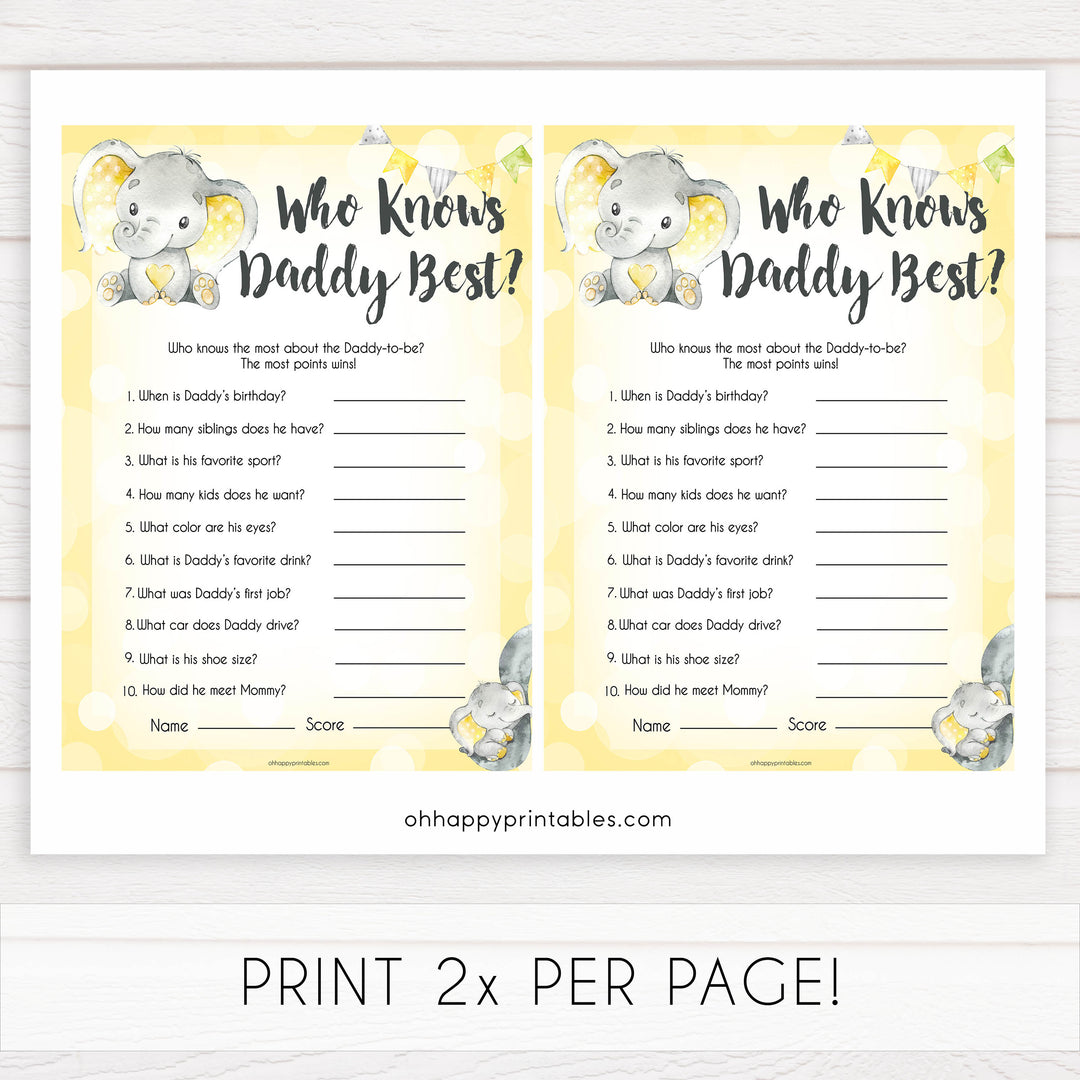 yellow elephant baby games, who knows daddy best baby games, yellow baby games, elephant baby shower, fun baby games, top 10 baby games, popular baby games, printable baby games