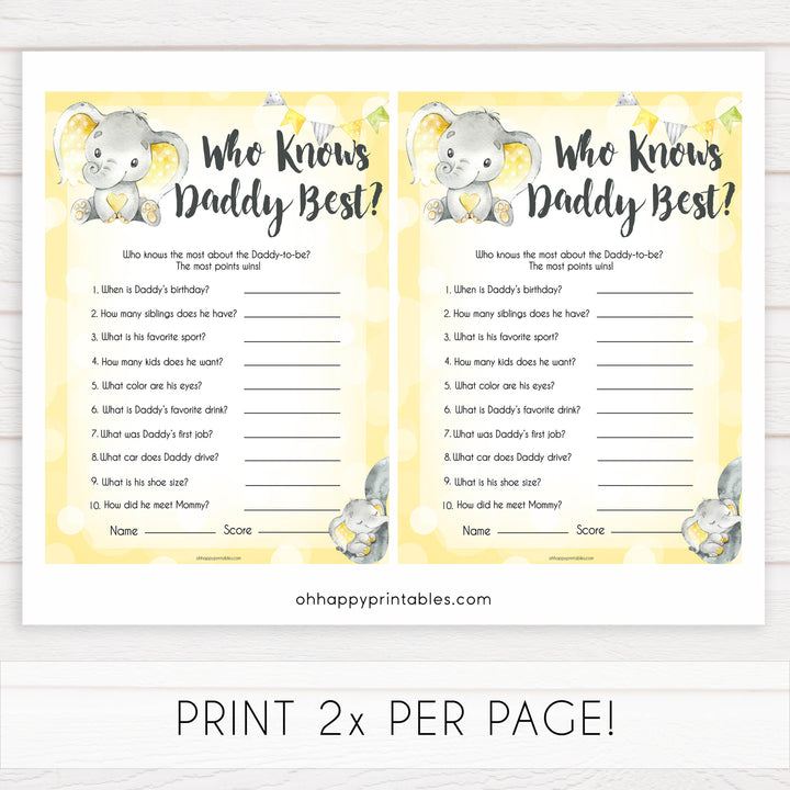 yellow elephant baby games, who knows daddy best baby games, yellow baby games, elephant baby shower, fun baby games, top 10 baby games, popular baby games, printable baby games