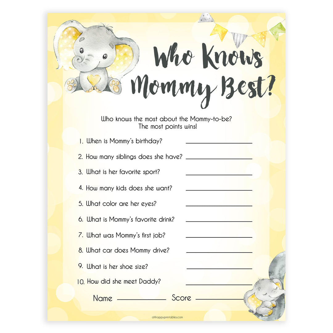 yellow elephant baby games, who knows mummy best, who knows mommy best baby games, yellow baby games, elephant baby shower, fun baby games, top 10 baby games, popular baby games, printable baby games