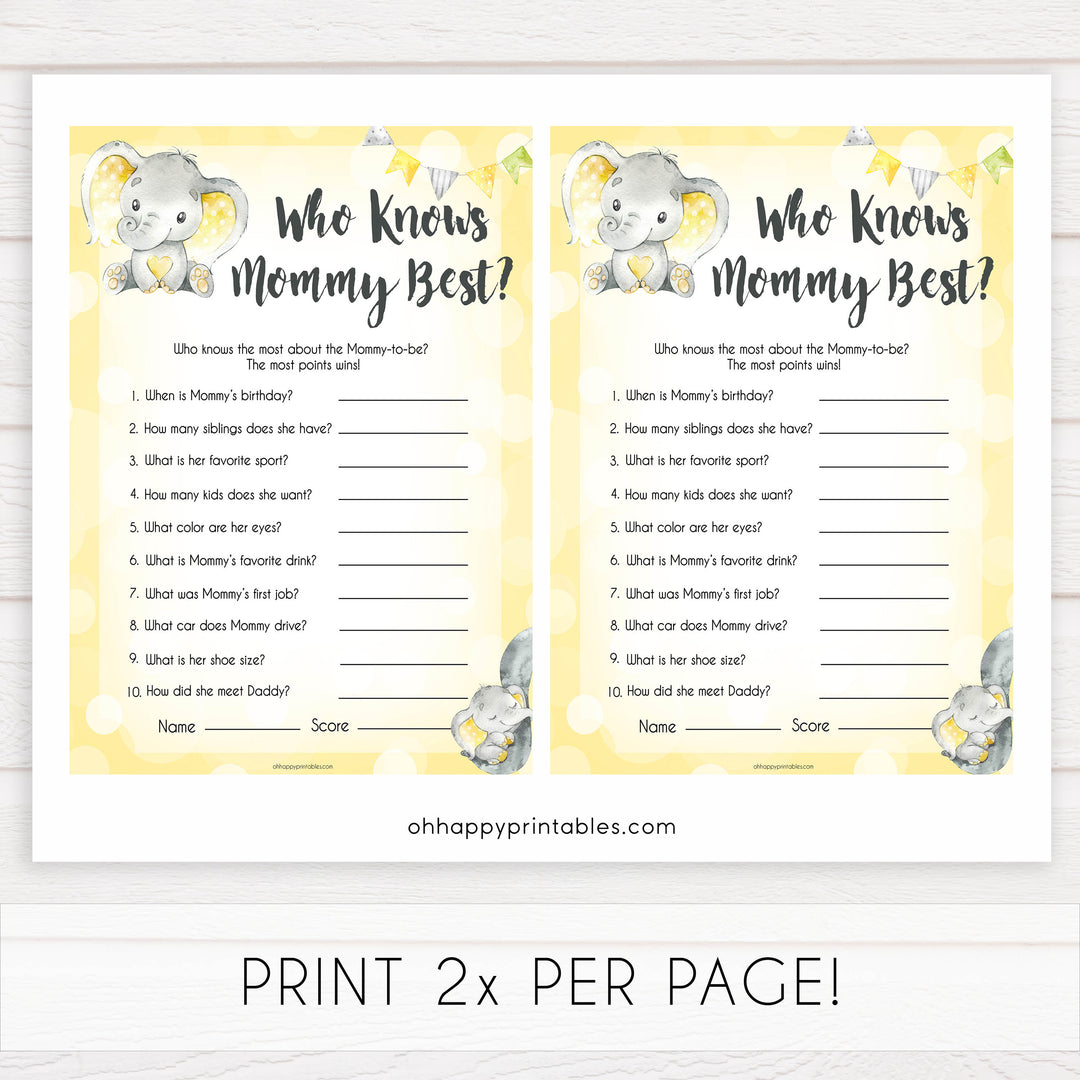 yellow elephant baby games, who knows mummy best, who knows mommy best baby games, yellow baby games, elephant baby shower, fun baby games, top 10 baby games, popular baby games, printable baby games