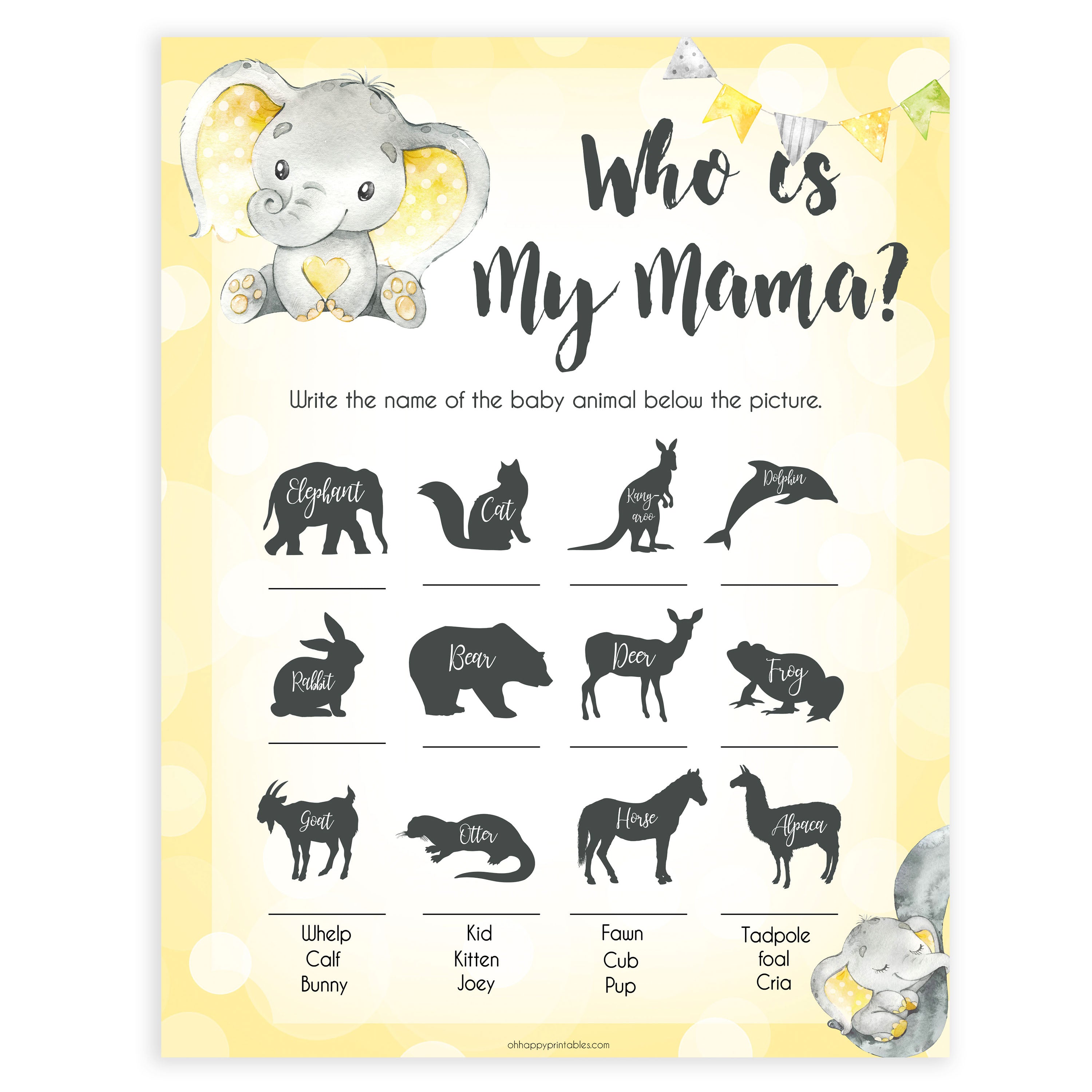 yellow elephant baby games, who is my mama baby games, yellow baby games, elephant baby shower, fun baby games, top 10 baby games, popular baby games, printable baby games