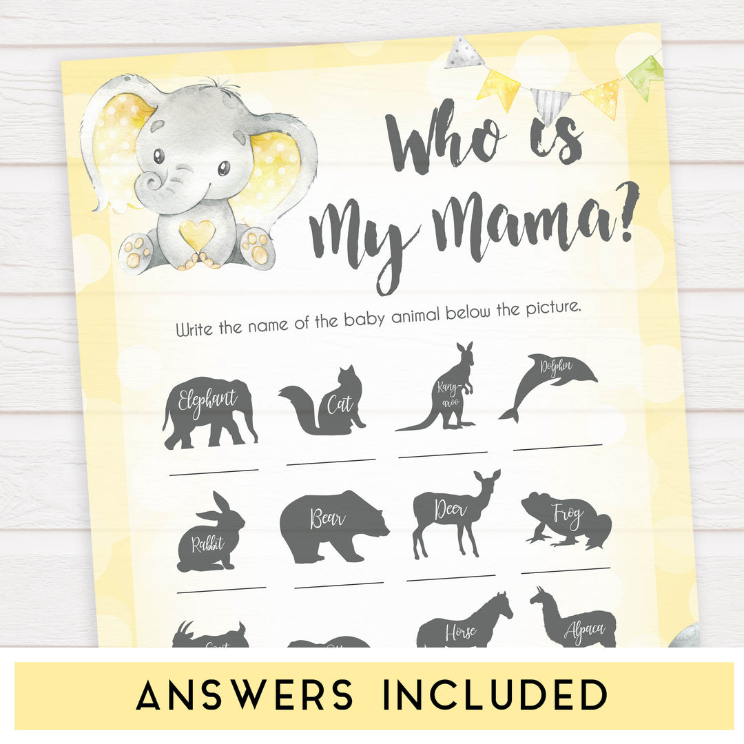 yellow elephant baby games, who is my mama baby games, yellow baby games, elephant baby shower, fun baby games, top 10 baby games, popular baby games, printable baby games