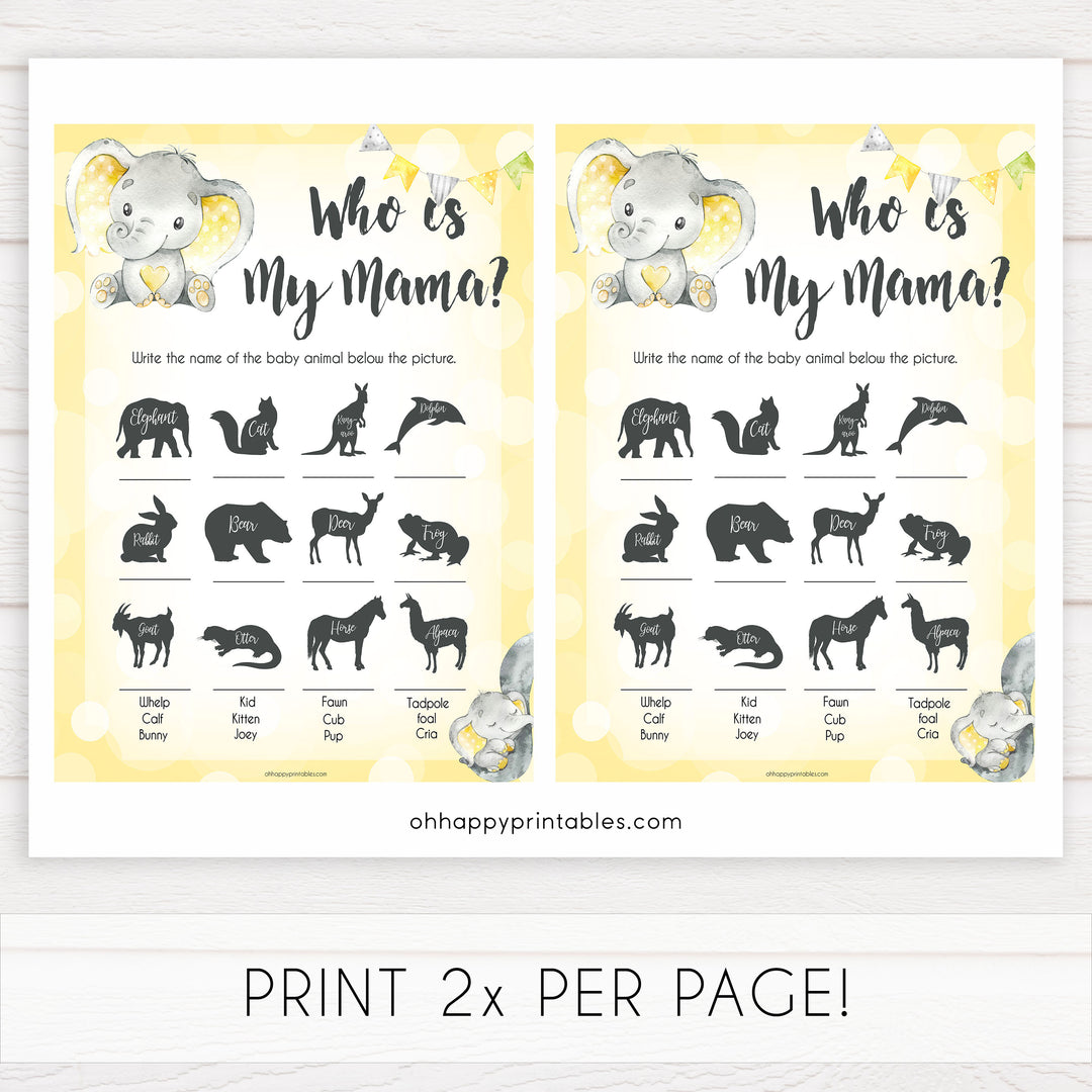 yellow elephant baby games, who is my mama baby games, yellow baby games, elephant baby shower, fun baby games, top 10 baby games, popular baby games, printable baby games