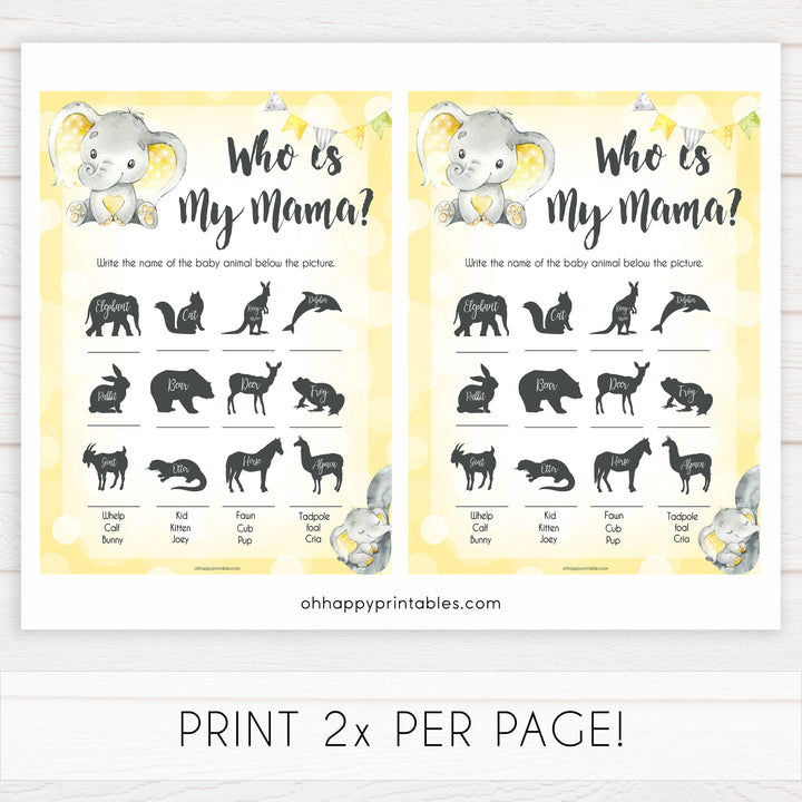 yellow elephant baby games, who is my mama baby games, yellow baby games, elephant baby shower, fun baby games, top 10 baby games, popular baby games, printable baby games