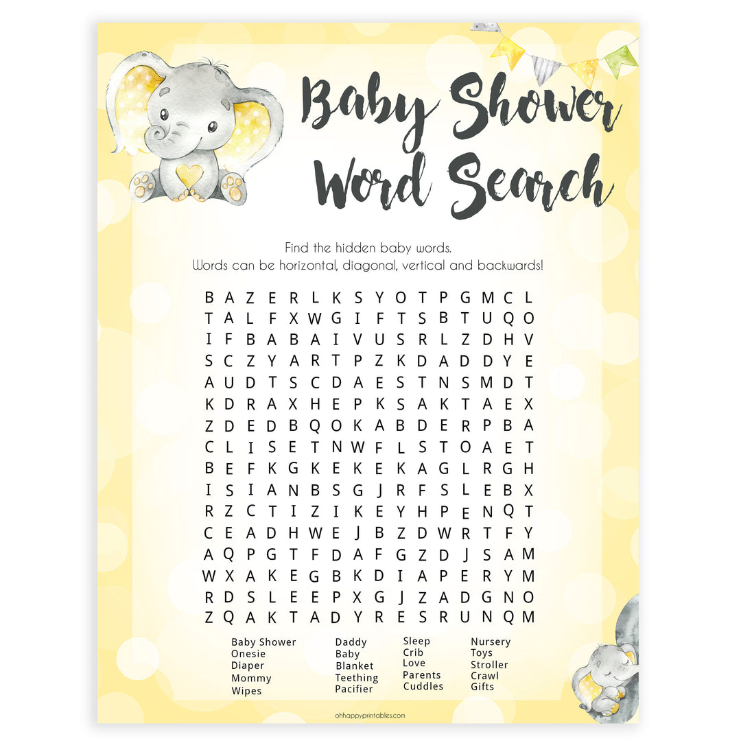 yellow elephant baby games, word search baby games, yellow baby games, elephant baby shower, fun baby games, top 10 baby games, popular baby games, printable baby games
