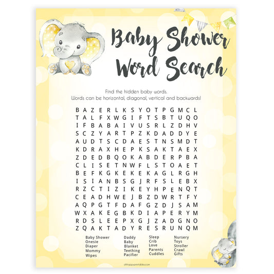 yellow elephant baby games, word search baby games, yellow baby games, elephant baby shower, fun baby games, top 10 baby games, popular baby games, printable baby games