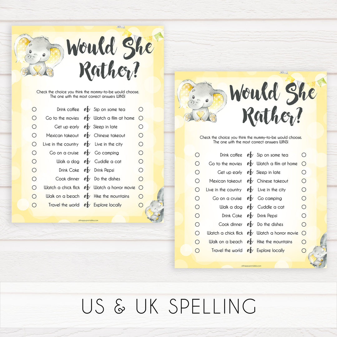 yellow elephant baby games, would she rather baby games, yellow baby games, elephant baby shower, fun baby games, top 10 baby games, popular baby games, printable baby games