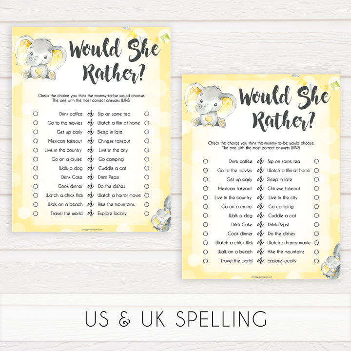 yellow elephant baby games, would she rather baby games, yellow baby games, elephant baby shower, fun baby games, top 10 baby games, popular baby games, printable baby games