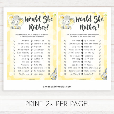 yellow elephant baby games, would she rather baby games, yellow baby games, elephant baby shower, fun baby games, top 10 baby games, popular baby games, printable baby games