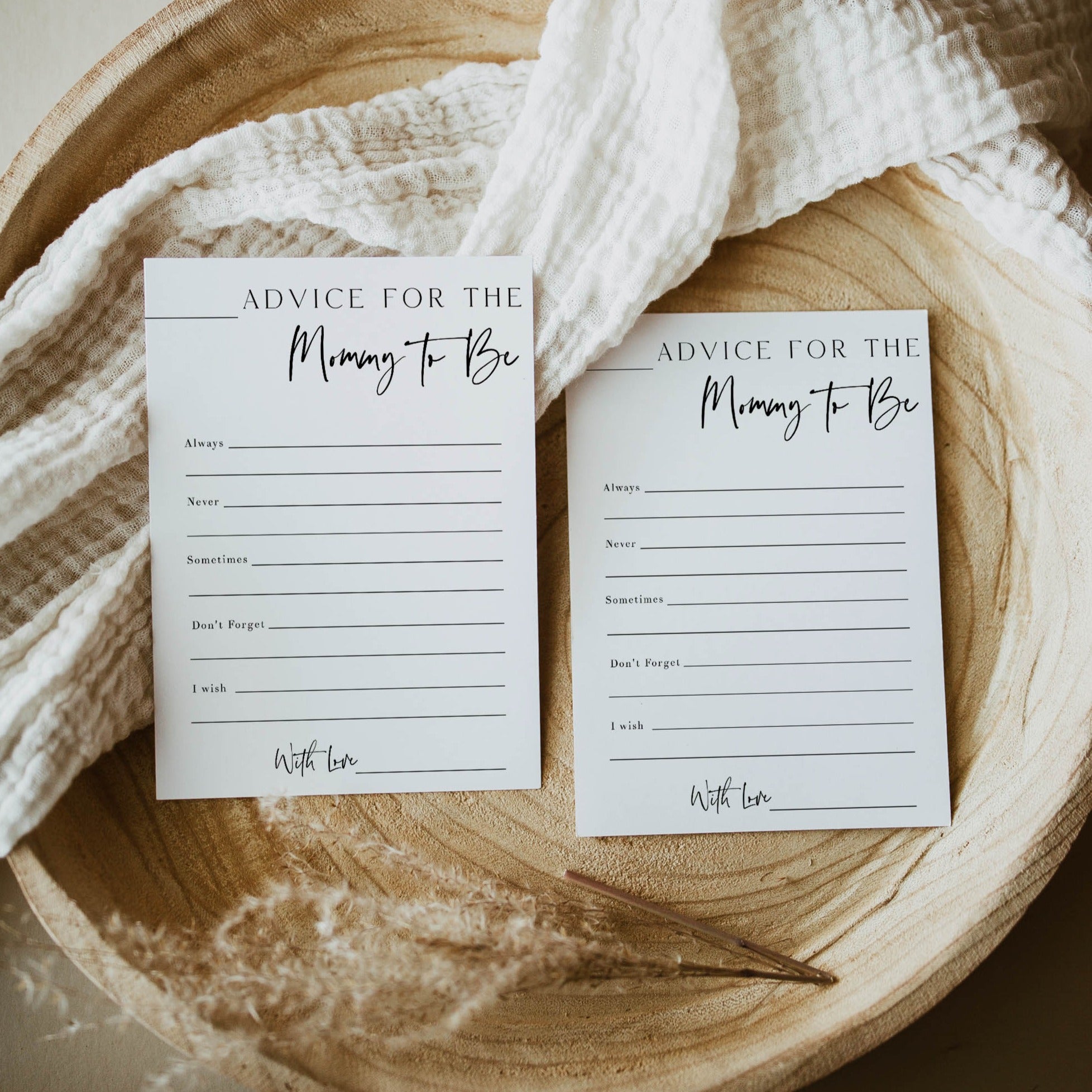 Fully editable printable baby shower game Advice For The Mommy to Be with a modern minimalist design