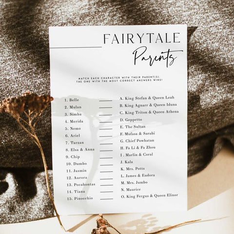 Printable baby shower game Fairytale Parents with a modern minimalist design