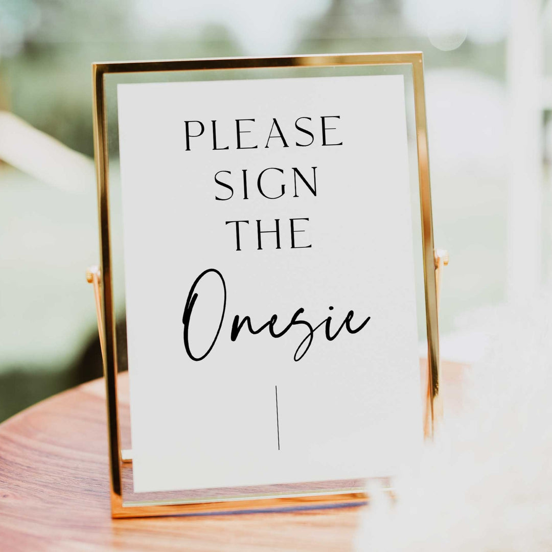 Printable baby shower game Sign The Onesie with a modern minimalist design