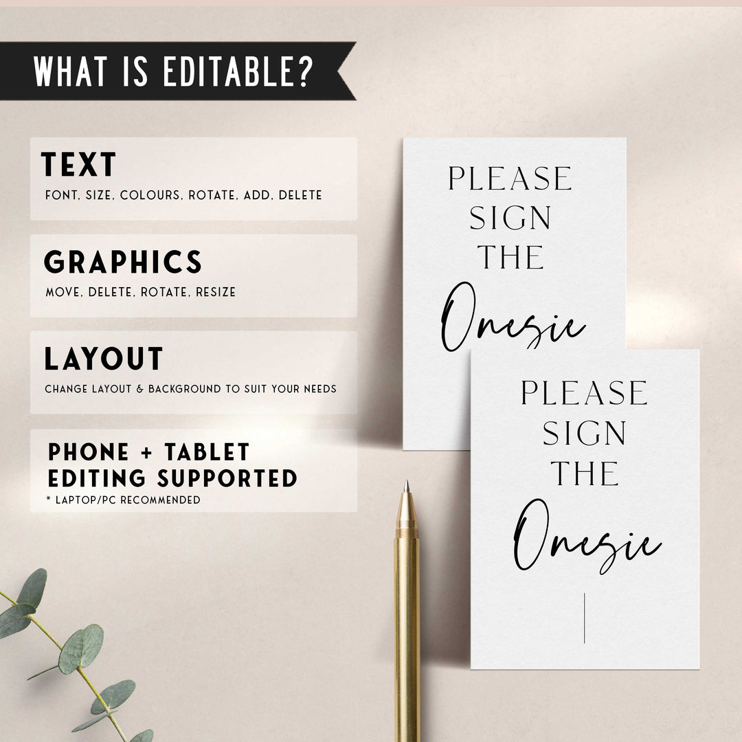 Printable baby shower game Sign The Onesie with a modern minimalist design