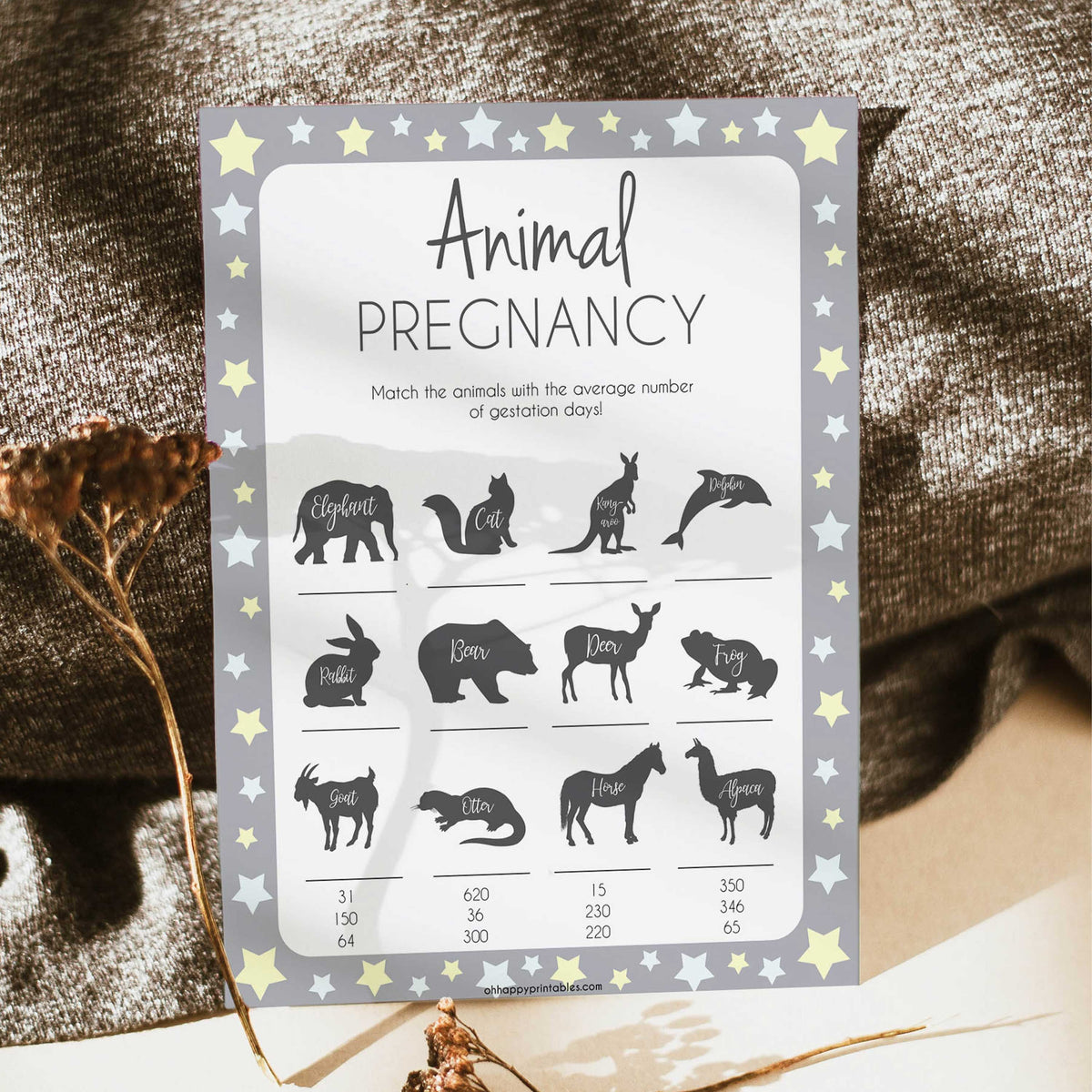 Grey & Yellow Stars Animal Pregnancy Game, Animal Gestation Game, Printable Baby Shower Game, Yellow Animal Pregnancy Game, Grey Baby Shower Games, printable baby shower games, fun baby shower games, popular baby shower games