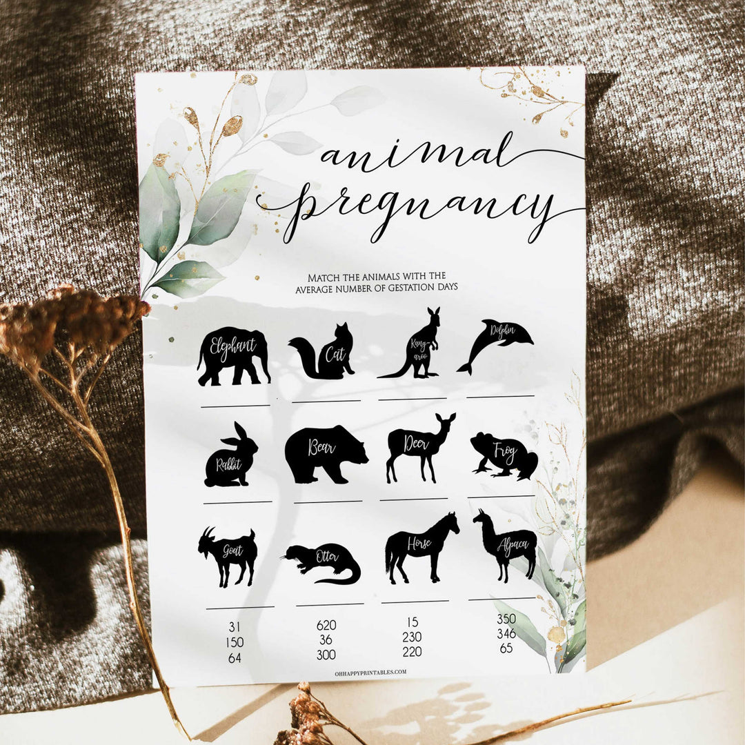 Gold green leaf baby games, animal pregnancy baby game,  printable baby games, fun baby games, top baby games to play, gold leaf baby shower, greenery baby shower ideas