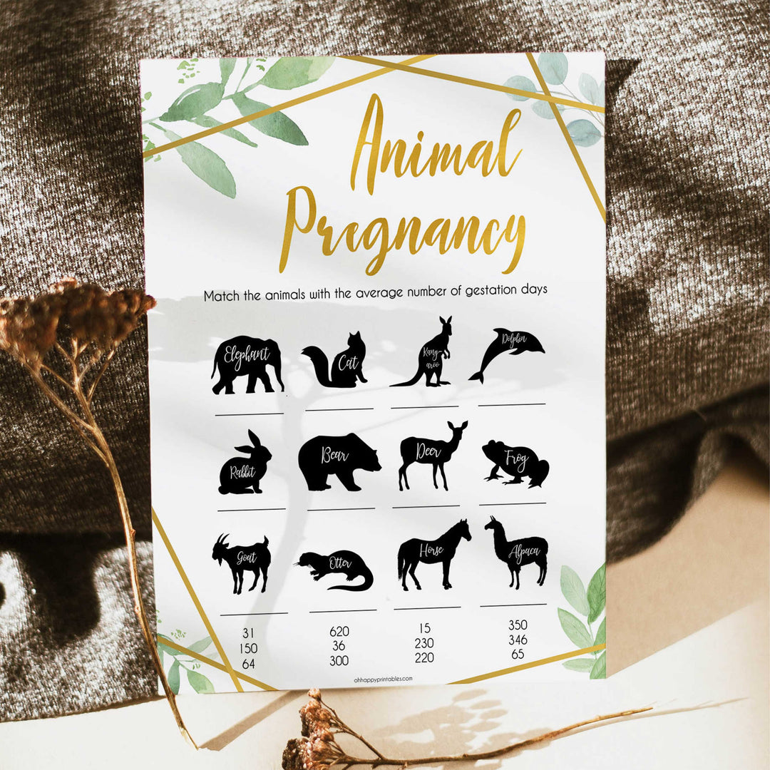 gold geometric animal pregnancy baby shower games, printable baby shower games, fun baby games, popular baby games, gold baby games