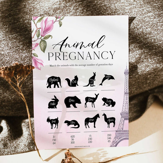 animal pregnancy baby shower game, Parisian baby shower games, printable baby shower games, Paris baby shower games, fun baby shower games