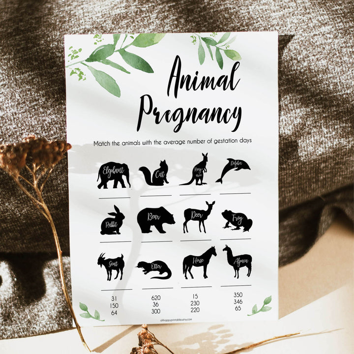 Botanical baby shower animal pregnancy game, eucalyptus baby games, top baby shower games, funny baby games