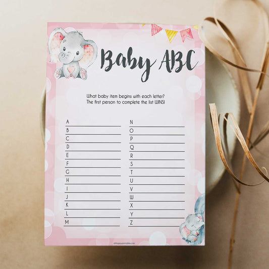baby ABC game, baby list game, printable baby shower games, fun baby shower games, pink elephant baby shower games