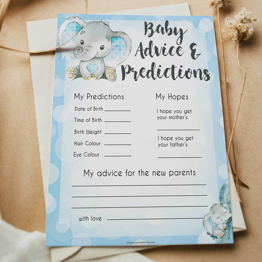 Blue elephant baby games, baby advice and predictions, elephant baby games, printable baby games, top baby games, best baby shower games, baby shower ideas, fun baby games, elephant baby shower