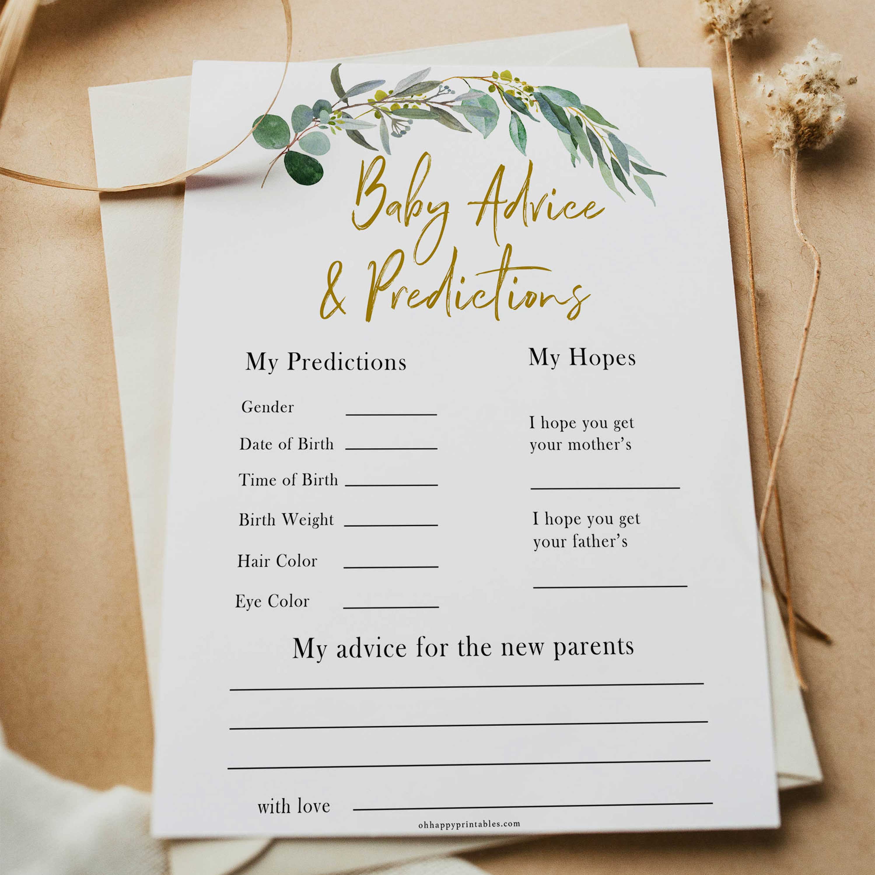 Eucalyptus baby shower games, baby advice and predictions baby game, fun baby shower games, printable baby games, baby shower ideas, baby games, baby shower baby shower bundle, baby shower games packs, botanical baby shower