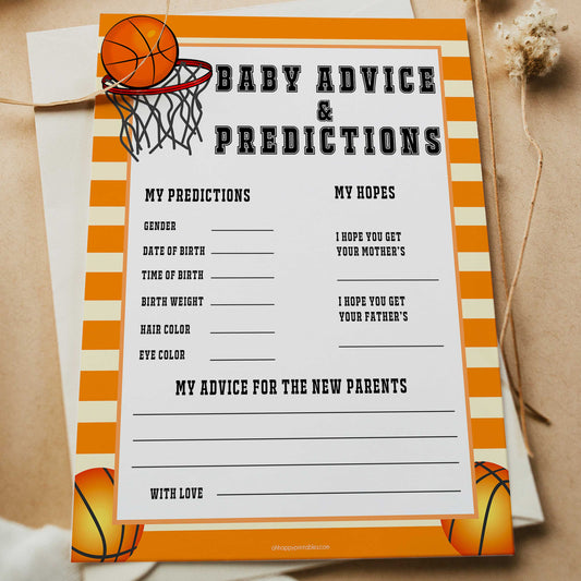 Basketball baby shower games, baby advice and predictions baby game, printable baby games, basket baby games, baby shower games, basketball baby shower idea