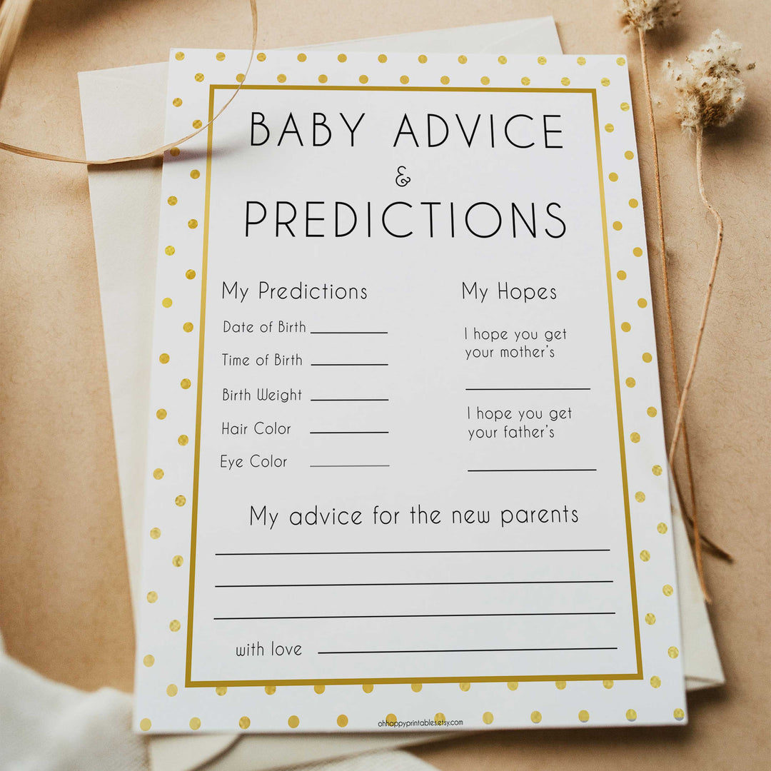 baby advice and predictions, Printable baby shower games, baby gold dots fun baby games, baby shower games, fun baby shower ideas, top baby shower ideas, gold glitter shower baby shower, friends baby shower ideas