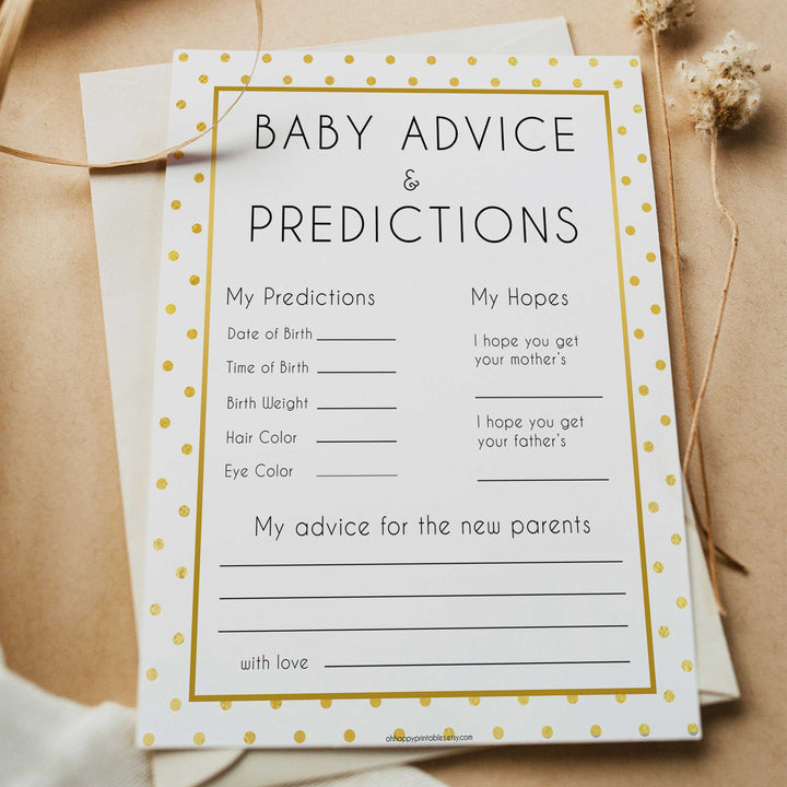 baby advice and predictions, Printable baby shower games, baby gold dots fun baby games, baby shower games, fun baby shower ideas, top baby shower ideas, gold glitter shower baby shower, friends baby shower ideas