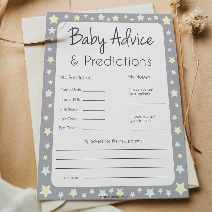 Grey Yellow Stars Baby Advice & Predictions, Printable Baby Shower Games, Baby Advice Game, Stars Baby Predictions Games, Baby Shower, printable baby shower games, fun baby shower games, popular baby shower games