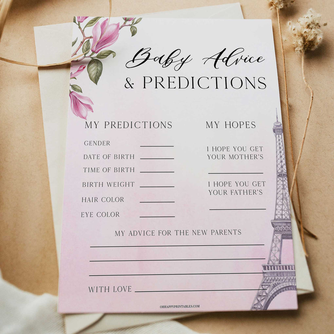 baby advice and predictions keepsake,  Parisian baby shower games, printable baby shower games, Paris baby shower games, fun baby shower games